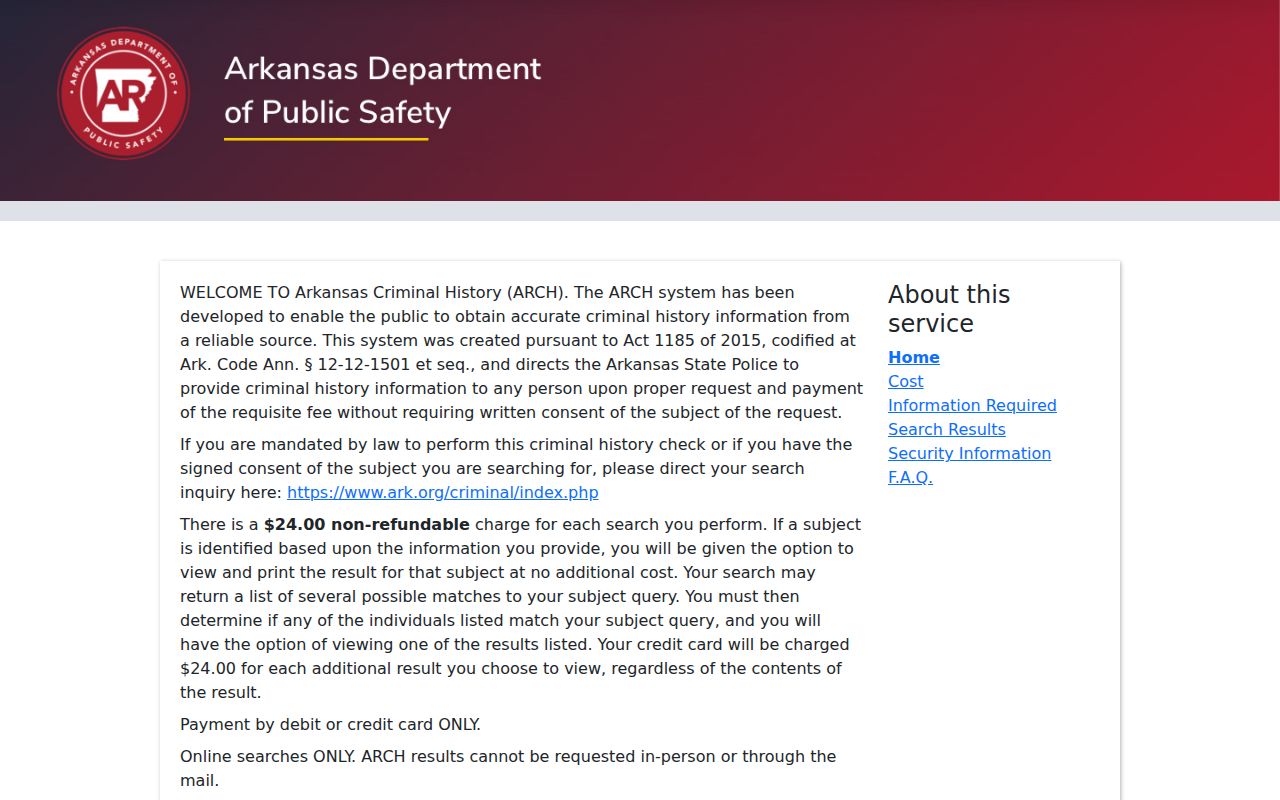 Arkansas criminal history ARCH public search service