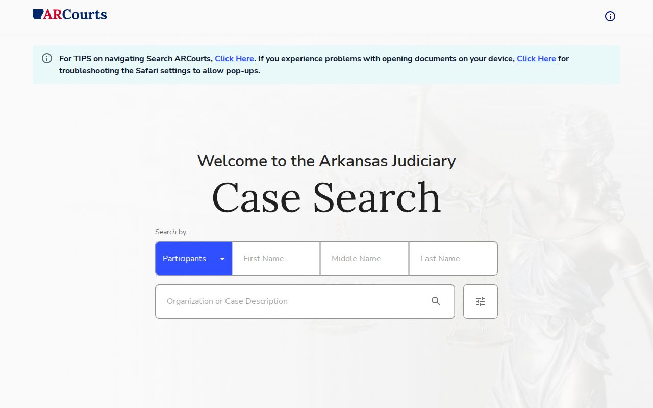 Arkansas criminal court record Search ARCourts interface