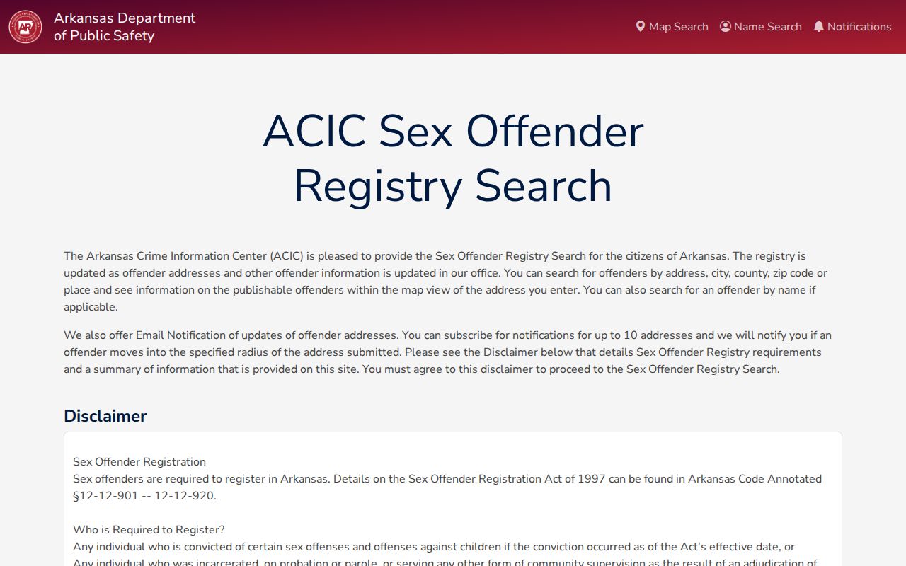 Arkansas sex offender registry search interface